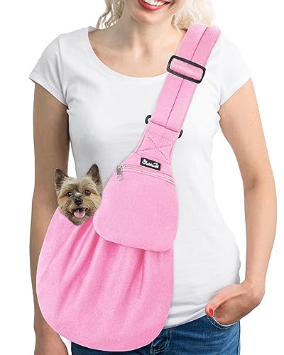 SlowTon Dog Carrier Sling - Thick Padded Shoulder Strap Adjustable Dog Carriers for Small Dogs, Puppy Carrier Purse for Pet Cat with Front Zipper Pocket Safety Belt Machine Washable (Light Pink, M) - color: G-Pink Knitted Fabric