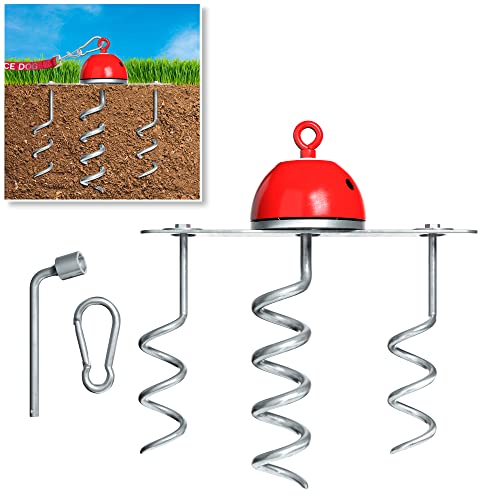 Industrial Puppy Dog Tie-Out Stake - 360-Degree Swivel Action Helps Reduce Tangles, 3 Corkscrew Anchors, Zinc-Plated Steel, Base Plate, Carabiner & Install Tool, for Dogs Up to 100 lbs, Outdoor Use