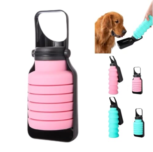 Portable Dog Water Bottle Foldable Pet Water Dispenser Leakproof 500ml with Collapsible Bowl for Walking Hiking Travel (Pink) - color: pink