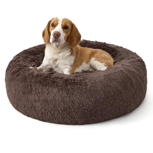 Bedsure SupportMax™ Calming Dog Bed Medium Size Dog - 30in Donut Round Washable Medium Pet Bed,Anti-Slip＆Removable Cover,420GSM Anti-Anxiety Fluffy Plush Faux Fur,Fits up to 45 lbs Pets - color: Chestnut Brown, size: M(30x30x7)