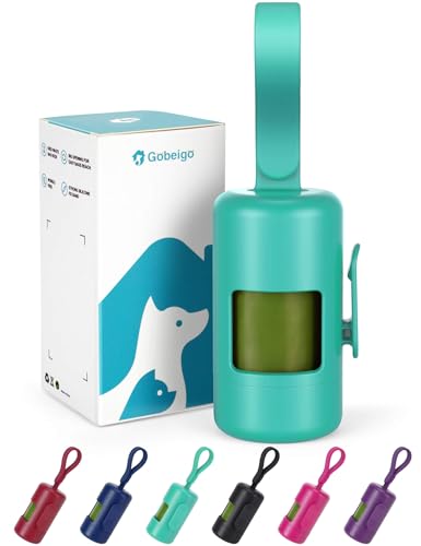 Gobeigo Dog Poop Bag Holder【Convenient Hook for Used Bags】【Silicone Strap Fits Any Leash】【Large Opening for Easy Dispensing】with 1 Roll Waste Bags (Turquoise) - color: Turquoise