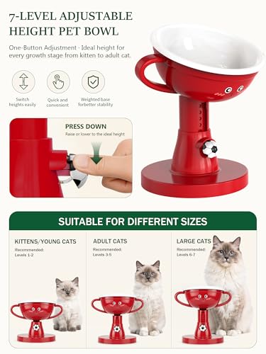 Adjustable Cat Bowls - 7-Level (4.7"-8.2") Raised Cat Food Bowls 60°Tilted Pet Water Bowl for Large Small Cats Dogs, Anti-Vomiting Spine Protection, Non-Slip Stand Dishwasher Safe, Red - color: Red