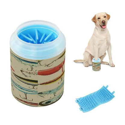 Qilmy Vintage Fish Pattern Dog Paw Cleaner Cup with Silicone Bristle, Portable Pet Foot Washer Brush for Small Medium Large Dogs and Cats Muddy Paw Cleaning