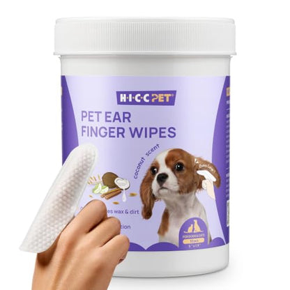 HICC PET Ear Cleaner Finger Wipes for Dogs & Cats, Clean Wax, Dirt & Debris, Extra-Large Pet Ear Cleaning Wipes, Gentle and Hypoallergenic Ear Cleaning Wipes for Daily Care(Coconut Scent) - size: 50 Count