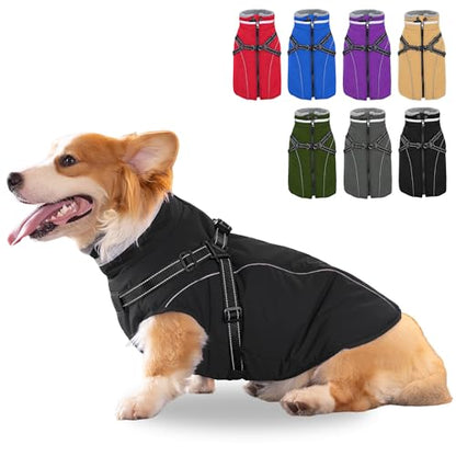 Fragralley Dog Coat with Harness Built in, Waterproof Windproof Reflective Warm Puffer Jacket, Fleece Lined Vest Winter Parka for Small, Medium, Large Dogs - color: Black, size: Large