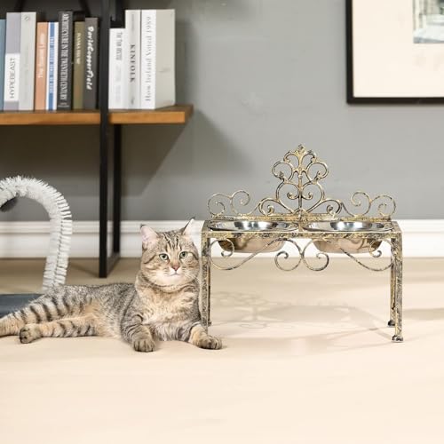 Elevated Dog Bowls for Large Dogs, Metal Raised Dog Feeder, Lifted Dogs Dish Stand with Double Stainless Steel Bowls for Food and Water, Antique Gold Finish Tall Dog Bowl Stand - Height 8.78" - size: 8.78" Height Antique Gold