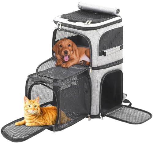 Expandable Cat Backpack Carrier for 2 Cats, Dog Backpack for 2 Small Pets Dogs, Cat Carrier for Large Cats Multiple Pets, 7 Windows ventilation, Built-in Frame Support Plate and Safety Straps Foldable - color: Grey Expandable