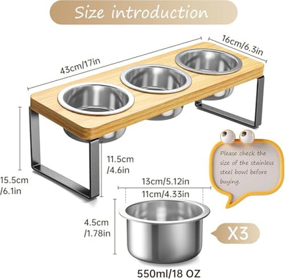 2 Pack Elevated Cat Bowls with 3 Stainless Steel Bowls | 10° Tilted Anti-Vomiting Raised Cat Food Bowl for Small Cats and Puppies Pet Bowl with Stand - color: Bamboo 2 PACK