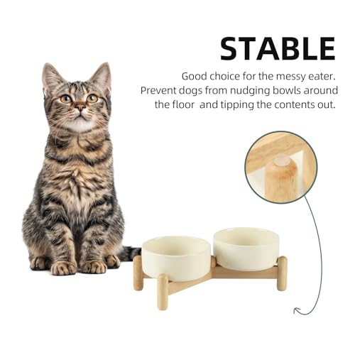 Havniva 5.1inch Ceramic Raised Dog Bowl with Stand, Double Dog Bowls Elevated for Small Breed Dog Food and Water Bowl Set Non-Slip Dog Dish Large Capacity Feeding Pet Water Bowl - color: 2 Bowls+Stand - Light Yellow, size: 5.1inch