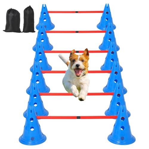Dog Agile Hurdle Cone Set, Puppy Agility Training Course Equipment with 12 Cones & 6 Agile Rods Combo, 4-Height Adjustable Backyard Obstacle with Storage Bag, 11.5 Inch