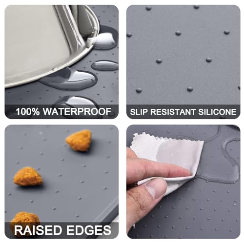Dog Feeding Mat, Anti-Slip Dog Bowl Mats for Food and Water, Waterproof Raised Edge Pet Feeding Mat for Contain Spills Protect Floors, Pets Accessories (18.5” x 11.5”, Light Gray)
