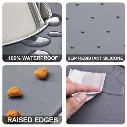 Dog Feeding Mat, Anti-Slip Dog Bowl Mats for Food and Water, Waterproof Raised Edge Pet Feeding Mat for Contain Spills Protect Floors, Pets Accessories (18.5” x 11.5”, Light Gray)