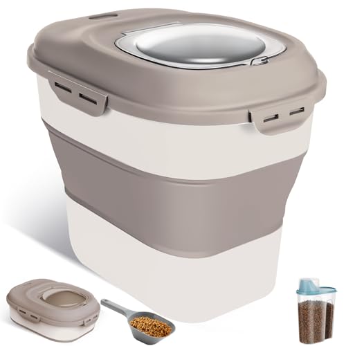 ANVS Dog Food Storage Container - Collapsible Dog Food Container with Airtight Lids, Scoop and 2.5L Small Pet Food Storage Container Dry Food For Dog, Cat and Other Pet Food (Khaki, 30 lbs)