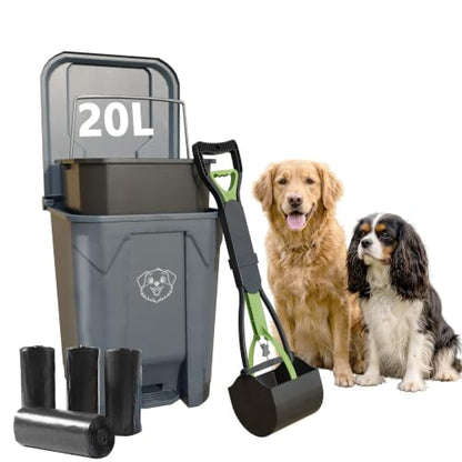 Outdoors Pet Waste Station 20L/5 Gallon Dog Poop Trash Can with Lid – Foot Pedal, Removable Inner Bin,Includes 200 Bonus Waste Bags & Long Handle Green Pooper Scooper