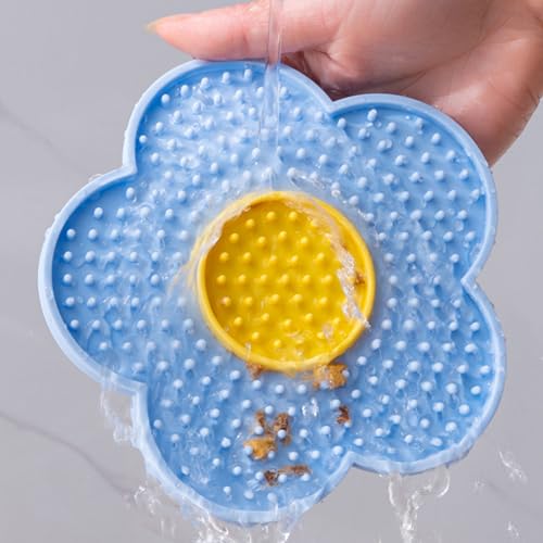 Silicone Lick Mat with Suction Cups Flower Shape Slow Feeder Pad for Dogs Cats Grooming Bathing - color: Blue