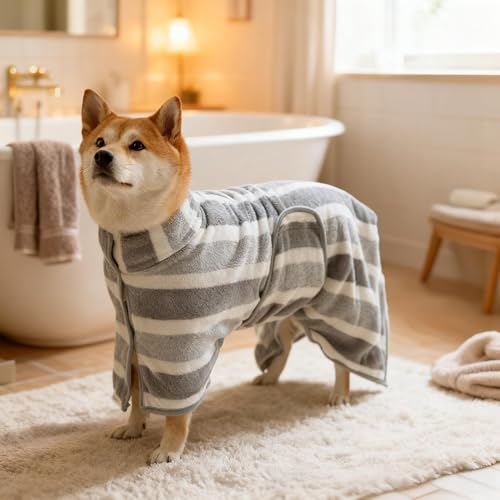 M Size Great Absorbent Dog Bathrobe, Quick-Dry Microfiber Dog Bath Towel for Medium Dogs 18-26 lbs, Adjustable Post-Bath Drying Robe with Chest 27.6", Grey - size: M