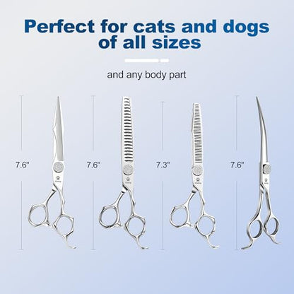 GLADOG 럭셔리 강아지 그루밍 가위 세트 - 17.8cm(7인치) 스트레이트, 16.5cm(6.5인치) 얇음, 17.8cm(7인치) 청커, 17.8cm(7인치) 곡선 - 9CR 스틸, 실버 럭스, 오른손, 플라스틱 손잡이, 4개입 - style: 프리미엄 세트