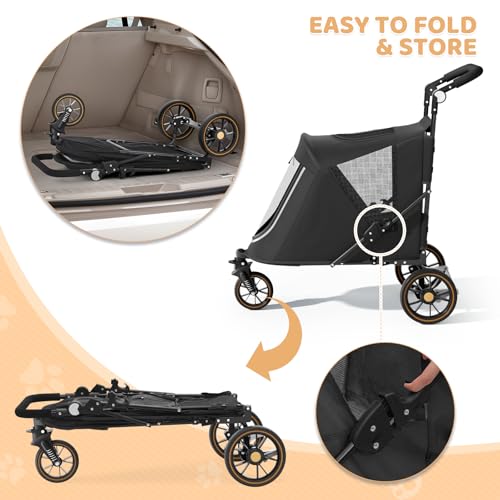 Magshion Pet Stroller for Medium Dogs w/Adjustable Handle, 3-Wheel Dog Cat Wagon w/Dual Entry, Rear Storage, Breathable Mesh, One-Foot Brake, Ideal for Large Pets up to 55 lbs, Black - color: Black, style: Up to 55 lbs