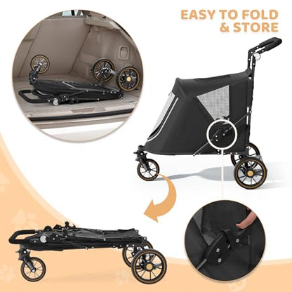 Magshion Pet Stroller for Medium Dogs w/Adjustable Handle, 3-Wheel Dog Cat Wagon w/Dual Entry, Rear Storage, Breathable Mesh, One-Foot Brake, Ideal for Large Pets up to 55 lbs, Black - color: Black, style: Up to 55 lbs