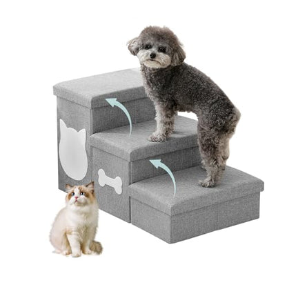 3-Step Wider Dog Steps for Bed 17" H, Foldable Dog Stairs with Storage, Non-Slip Pet Steps for Small Medium Large Dogs, Arthritis-Friendly Pet Stairs for Couch and Car Up to 200 lbs, Grey - size: 3-Step