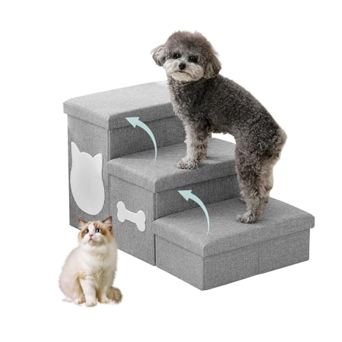 3-Step Wider Dog Steps for Bed 17" H, Foldable Dog Stairs with Storage, Non-Slip Pet Steps for Small Medium Large Dogs, Arthritis-Friendly Pet Stairs for Couch and Car Up to 200 lbs, Grey - size: 3-Step
