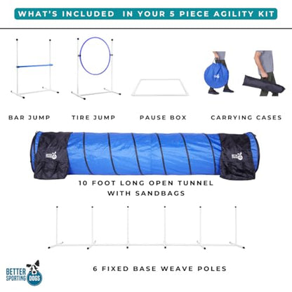 Better Sporting Dogs Complete Starter Agility Set for Dogs | 5 Piece Dog Agility Kit | Agility Jump | Tire Jump | Weave Poles | 10’ Tunnel with Sandbags | Pause Box