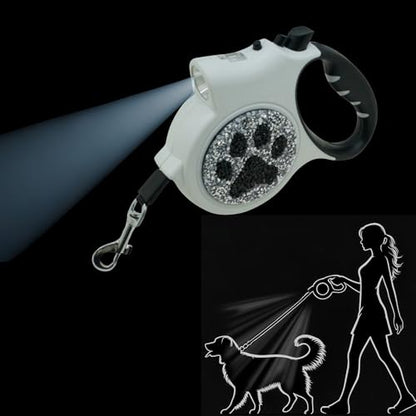 Led Retractable Dog Leash – 16ft Leash with Handcrafted Sparkle Detail Tangle-Free One-Hand Brake Soft Grip Handle for Small & Medium Dogs Up to 77lbs (DL-White) - color: DL-White