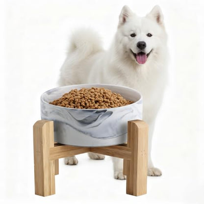 Elevated/Raised Ceramic Dog Bowl with Bamboo Stand,Marble Pattern 7 Inch 7.6 Cups Non Slip Heavy Weighted Single Pet Dish,Reduces Neck Strain Marble Gray - color: Marble Gray, size: 7.6Cups - Large