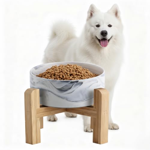 Elevated/Raised Ceramic Dog Bowl with Bamboo Stand,Marble Pattern 7 Inch 7.6 Cups Non Slip Heavy Weighted Single Pet Dish,Reduces Neck Strain Marble Gray - color: Marble Gray, size: 7.6Cups - Large