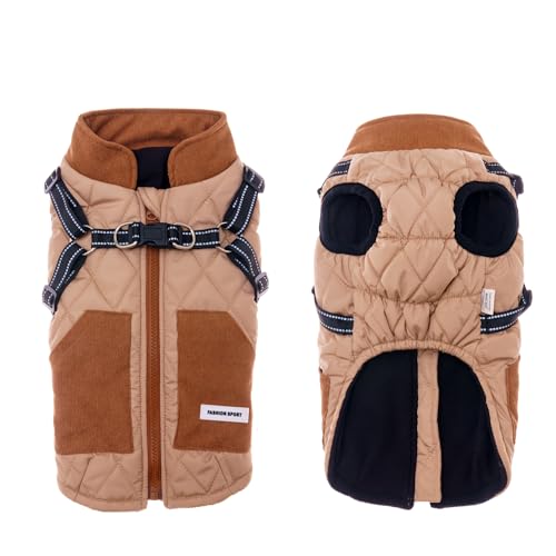 Dog Coats for Small Dogs Jackets Fleece Inner, Waterproof Reflective Dog Jackets with Harness Zipper Dog Winter Coats for Cold Weather Small Dogs Clothes Winter Coat Khaki - color: Khaki, size: Large