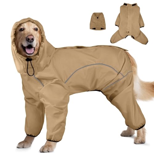Dog Raincoat, Waterproof Dog Rain Jacket with Removable Hood，Adjustable 4 Legs Pet Poncho with Leash Hole，Reflective Stripe Hooded Snowproof Windproof Clothes for Small to 3X-Large Dogs, 2XL - color: KhakiGreen, size: XXL
