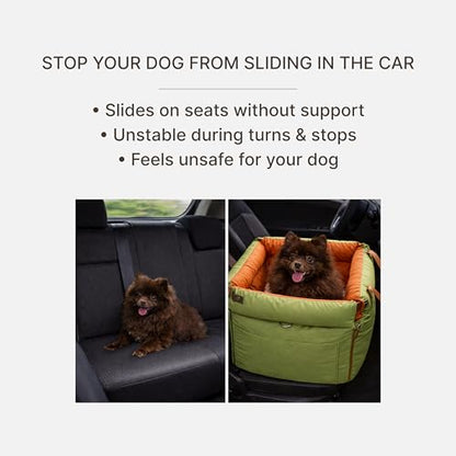 Dog Booster Car Seat for Small Dogs, Stable Non-Slip Design Up to 35 lbs, Water-Resistant PU Travel Carrier with Headrest Straps, Built-in Tether & Storage — Orange/Green