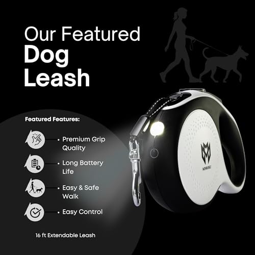 16ft Tough ABS Casing Retractable Dog Leash with Light - Suitable for Dogs Up to 55lbs - Tangle Free 360 Rotation & One Hand Brake Lock System - No Pull, Suitable for Training & Walking