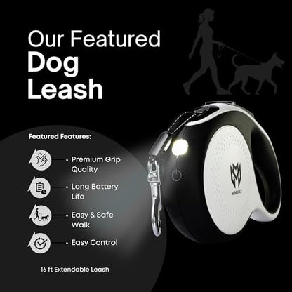 16ft Tough ABS Casing Retractable Dog Leash with Light - Suitable for Dogs Up to 55lbs - Tangle Free 360 Rotation & One Hand Brake Lock System - No Pull, Suitable for Training & Walking