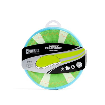 Chuckit! Max Glow Paraflight Flying Disc Dog Toy - Water Floating Flyer - Durable Nylon Construction with Soft Rubber Edges - For Medium and Large Dogs - Size Large - 9.75" L x 9.75" W - Pack of 1 - color: Green/Max Glow, size: Large