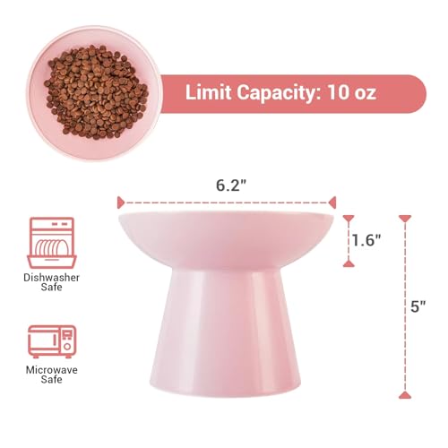 CEEFU Extra Wide Elevated Ceramic Cat Bowl, 6.2" Shallow Dish for Whisker Fatigue Relief, 5" Height for Easy Feeding, Durable Raised 2 Cat Food Bowls, Pink - color: Pink-2 Food Bowl
