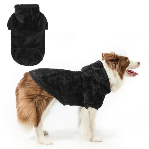 SCENEREAL Fleece Dog Sweaters Hoodie for Small Medium Large Dogs Girls Boys, Plush Fuzzy Dog Clothes Hoodies with Leash Hole, Winter/Fall Puppy Cold Weather Coat, Sherpa Hooded Sweatshirt, Black L - color: Black, size: Large