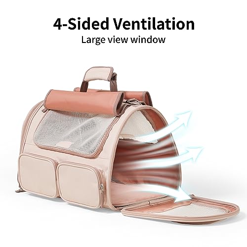 FUKUMARU Cat Carrier, 4 Mesh Windows Small Dog Carrier, 4 Storage Pockets Cat Travel Bag, Under 15 lb Airline Approved Pet Carrier, Rollable Cover for Nervous Cats, Pink - color: Pink