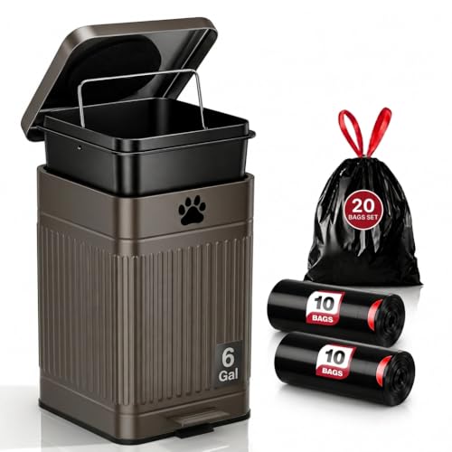 Dog Poop Trash Can Outside - 22L/6Gal Metal Outdoor Trash Can with Lid, Dog Waste Container with 20 Bags, Pet Poop Bucket with Soft Close for Backyard Odor Control, Rectangular Brown - size: 22L Rectangular Brown Trash Can