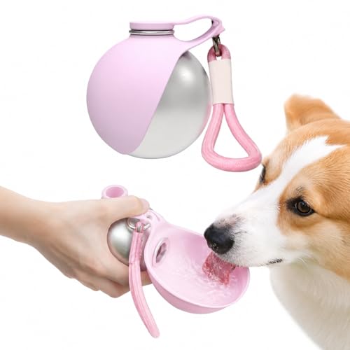 Portable Dog Water Bottle 10oz – Stainless Steel Travel Puppy Water Dispenser with No-Spill Bowl for Walking Hiking Small Dogs Outdoor (Pink) - color: Pink
