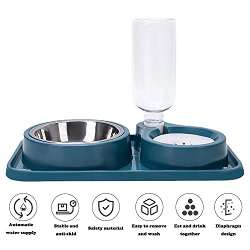Love Dream Double Dog Cat Bowls, 2 in1 Pet Water and Food Bowl Set with Automatic Gravity Water Dispenser Bottle Detachable Stainless Steel Bowl No-Spill for Cats and Dogs Puppy Kitten Rabbit - color: Blue, size: Capacity Water Bottle: 1000ML