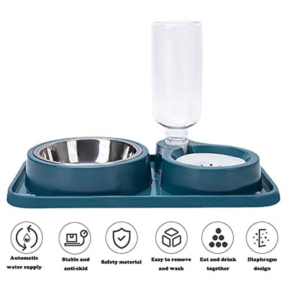 Love Dream Double Dog Cat Bowls, 2 in1 Pet Water and Food Bowl Set with Automatic Gravity Water Dispenser Bottle Detachable Stainless Steel Bowl No-Spill for Cats and Dogs Puppy Kitten Rabbit - color: Blue, size: Capacity Water Bottle: 1000ML