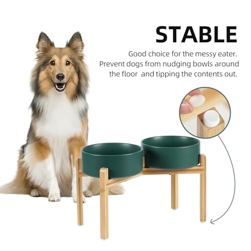 Havniva 8.3” Dog Bowls Elevated Ceramic Dog Food and Water Bowl Set, Double Raised Dog Water Bowl with Stand Non-Slip Rubber Base Large Capacity Feeding Pet Food Bowl for Large Dogs - color: Matte Dark Green - 2 Bowls+Stand, size: 8.3 Inch