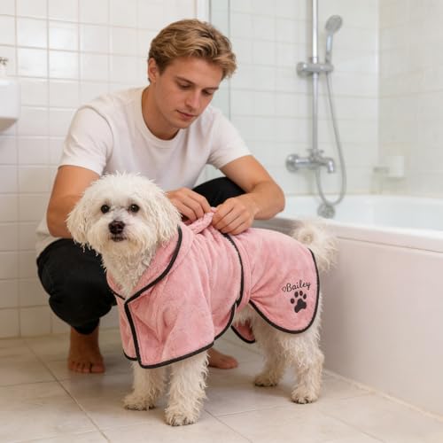 Personalized Dog Bathrobe Dog Towel Robe Custom Name Hooded Pet Towel for Large Small Dogs Absorbent Microfiber Robes After Bath