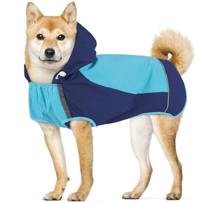 IECOii Large Dog Raincoat Waterproof,Hooded Rain Jacket Keep Dog Dry in Wet Weather,Reflective Rain Poncho Clothes with Convenient Leash Hole/Adjustable Magic Sticker/Easy On and Off/,Blue,Large - color: Blue, size: Large