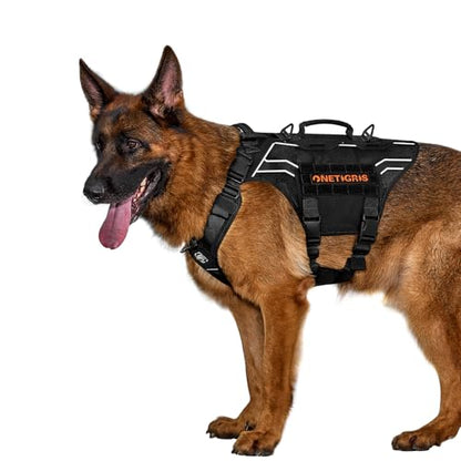 OneTigris Tactical Dog Harness for Large Dogs, Adjustable Tactical Dog Harness with Handles, Reflective Vest Heavy Duty & Breathable Military Assistance Vest with No Pull Buckle, Black - color: Black, size: Medium