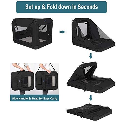 Veehoo Folding Soft Dog Crate, 3-Door Pet Kennel for Crate-Training Dogs, 5 x Heavy-Weight Mesh Screen, 600D Cationic Oxford Fabric, Indoor & Outdoor Use, 20", Black