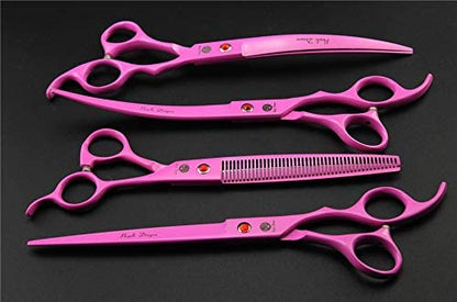 Purple Dragon Professional 7.0 inch 4PCS Pet Grooming Scissors Kit Japan Premium Steel Straight & Curved & Thinning Blade Dog Hair Cutting Shears Set with Case - color: Pink