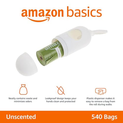 Amazon Basics Premium Leak Proof Dog Poop Bags with Dispenser and Leash Clip, Unscented, 13" x 9", 540 Count (36 Rolls of 15) - style: 540 Bags