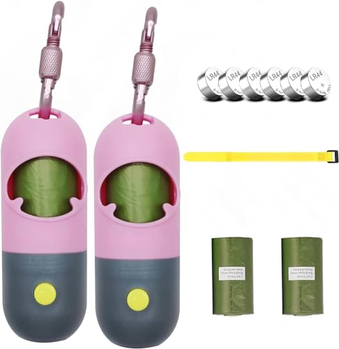 2 Pack Poop Bag Holder with Flashlight Waste Bag Dispenser for Leash with Clip and Battery Poop Bag Dispenser with Green Scented Poop Bags for Dog Walking(Pink,2 Dispenser 60 Bags) - color: Pink